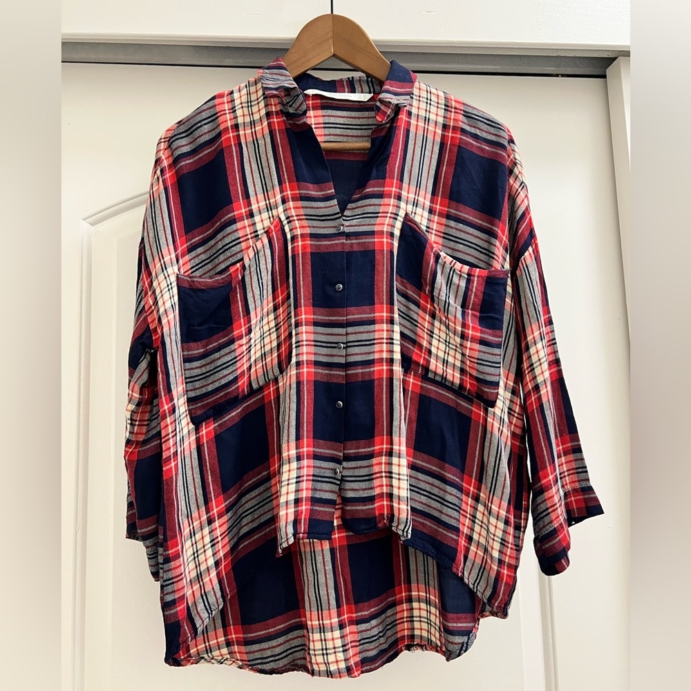 Zara Plaid Oversized Button Down with Oversized Pockets